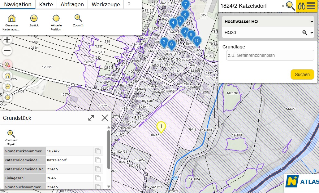 HQ-Karte: mögliche Hochwasserbereiche im Umfeld der Parzelle 1824/2 am Burckhardtweg